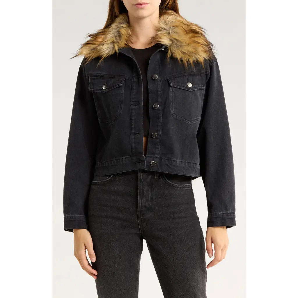 Vigoss Faux Fur Collar Crop Denim Jacket in Washed Black at Nordstrom Rack, Size Small | Nordstrom Rack