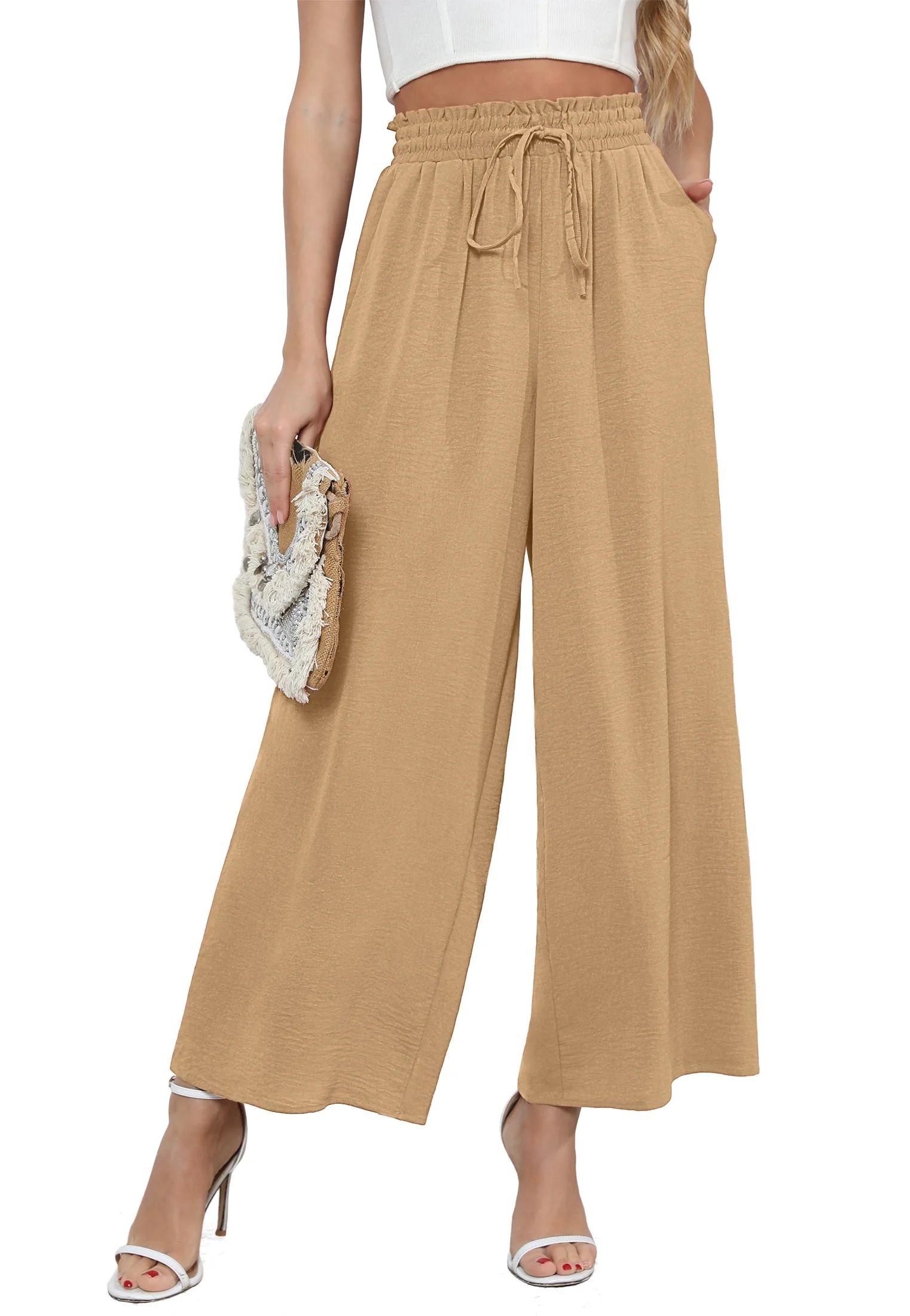 Uvplove Women's Wide Leg Trousers Palazzo Pants Drawstring Waist Summer Loose Trousers with Pocke... | Walmart (US)