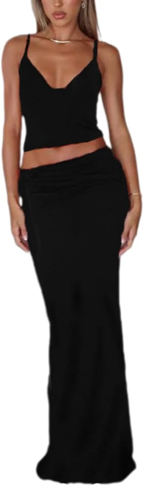 ksotutm Maxi Skirt Set Floral Print Halter Top Maxi Skirt Sexy Going Out Outfits for Women | Amazon (US)