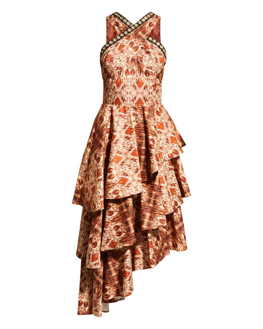 Autumn Adeigbo Signy Abstract Printed Tiered Crisscross Midi Dress | Neiman Marcus