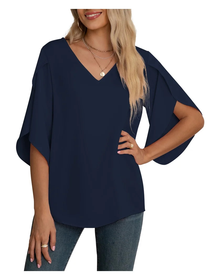 Asklazy Women's Fall Casual 3/4 Ruffled Sleeve Chiffon Blouse Tops for Women,Mother's Day,Navy Bl... | Walmart (US)
