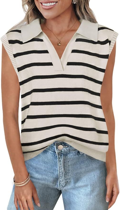 ZESICA Women's V Neck Striped Tops 2024 Summer Cap Sleeve Sweaters Sleeveless Pullover Spring Clo... | Amazon (US)