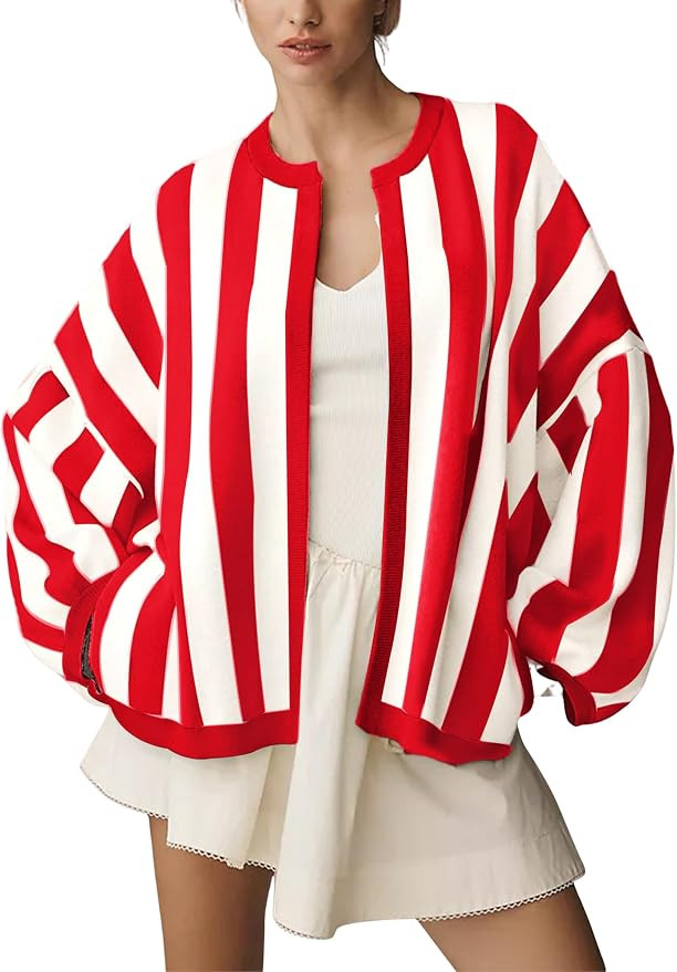 Women's Casual Loose Fit Striped Cardigan Long Balloon Sleeves Open Front Knit Sweater | Amazon (US)