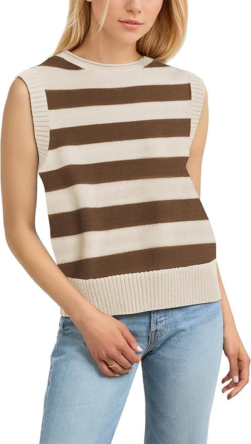 Women Striped Summer Sweater Vest Cap Sleeve Crew Neck Color Block Ribbed Knit Tank Tops Casual L... | Amazon (US)