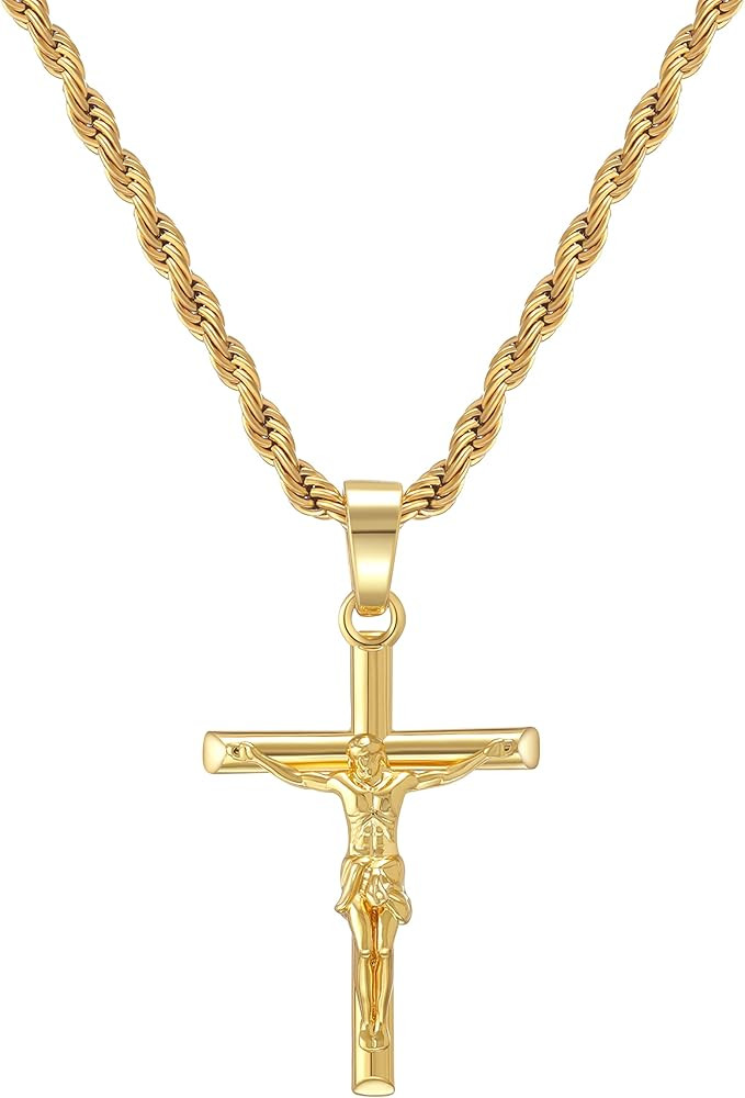 HELLOICE Crucifix Cross Necklace 18K Gold Plated Cross Pendant with 3mm 22" Rope Chain for Men Wo... | Amazon (US)