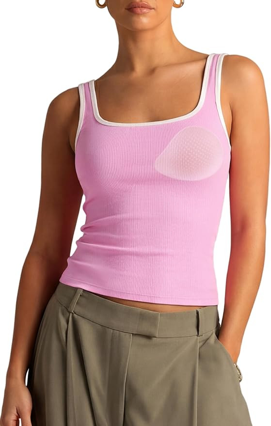 SUUKSESS Women Cotton Rib Squre Neck Tops Sleeveless Summer Padded Basic Tank Top | Amazon (US)