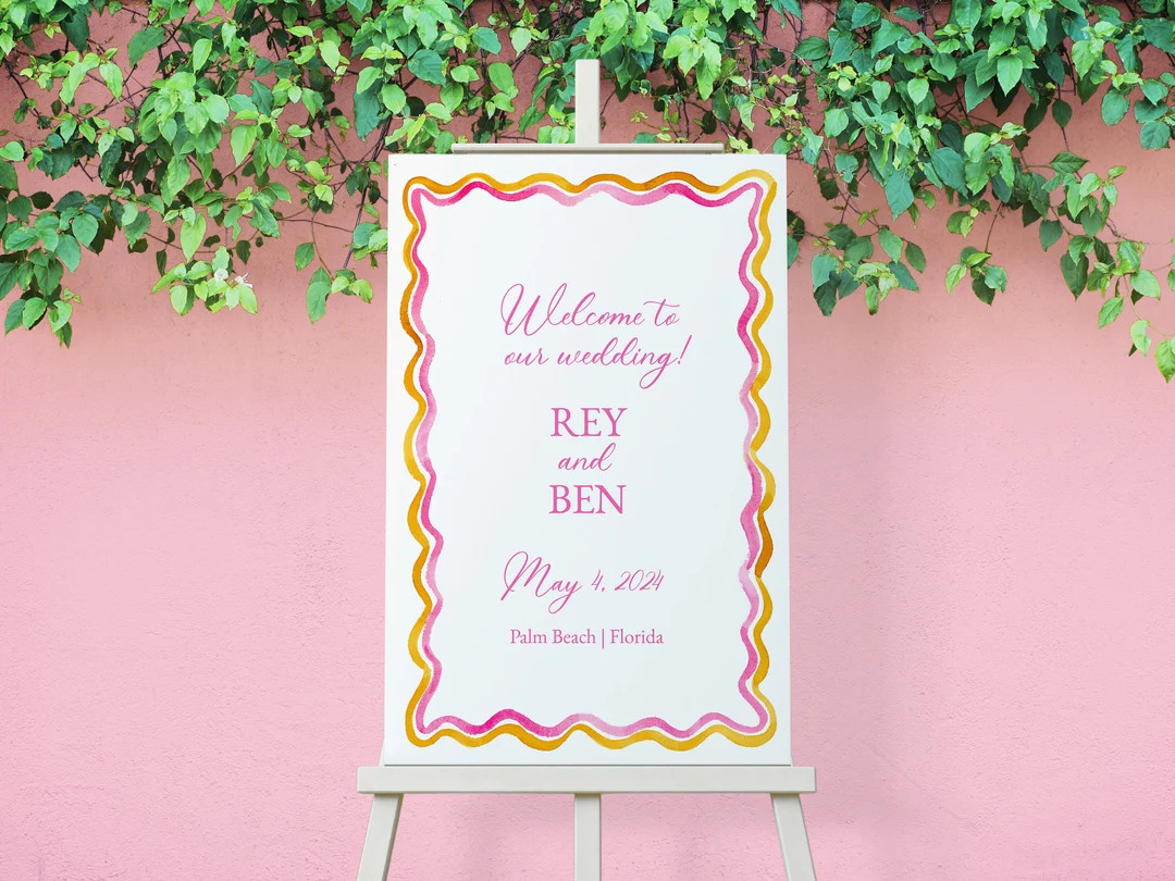 Sherbet Watercolor Squiggle Welcome Sign, Pink and Orange Scallop Edge Design, Printable Welcome ... | Etsy (US)