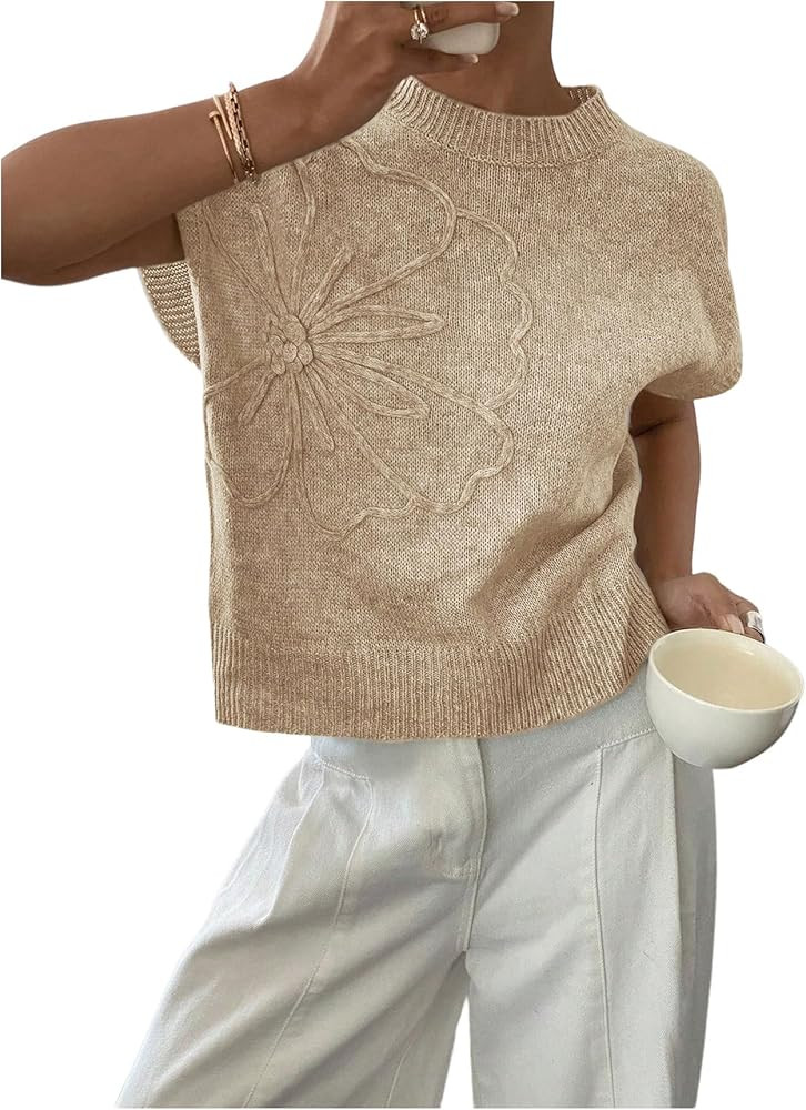 SOLY HUX Women's Ribbed Sweater Crew Neck Short Sleeve Loose Fit Floral Knit Pullover Tops | Amazon (US)