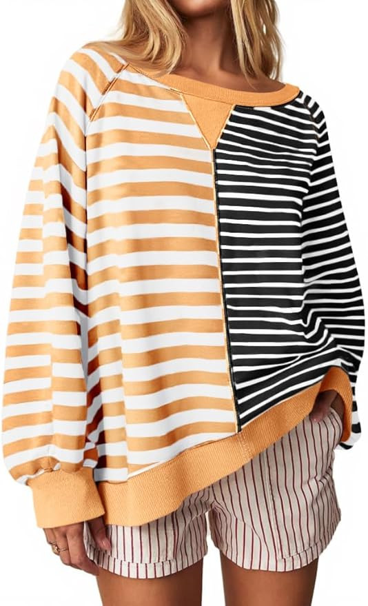 Tankaneo Womens Oversized Sweatshirt Striped Color Block Crew Neck Tops Casual Long Sleeve Tunic ... | Amazon (US)