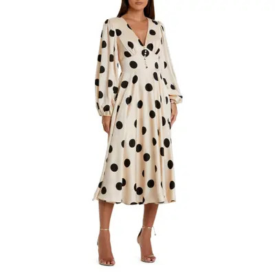 Mac Duggal Polka Dot Charmeuse Long Sleeve V Neck Midi Dress in Cream Black at Nordstrom, Size 16 | Nordstrom