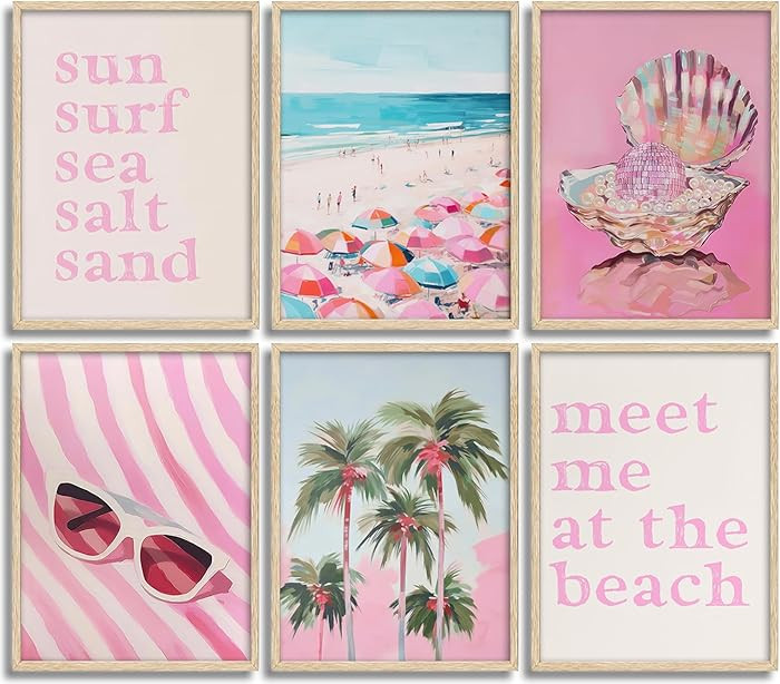KKP Pink Beach Poster Set of 6 Preppy Beachy Themed Wall Art Coastal Painting Picture Wall Decor ... | Amazon (US)