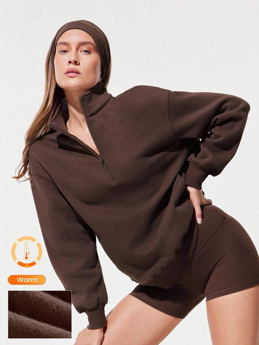 GLOWMODE Everyday Fleece Loose Hip Length Half-Zip Long Sleeve Sweatshirt With Side Pockets Daily... | SHEIN