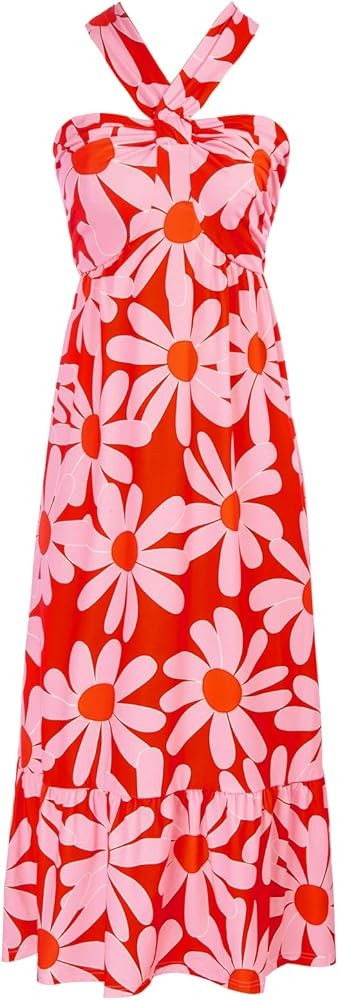 GRACE KARIN 2023 Women's Criss Cross Halter Neck Sleeveless Summer Floral Print Flowy A Line Maxi Dr | Amazon (US)