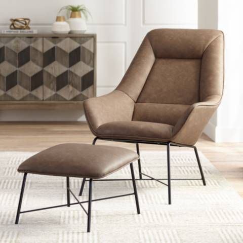 Hemingway Brown Faux Leather Modern Lounge Chair with Ottoman | LampsPlus.com
