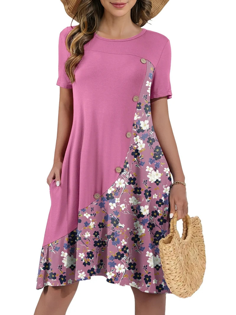 JuneFish Women's Summer Short Sleeve Casual Dress Patchwork Design Dress with Pockets | Walmart (US)