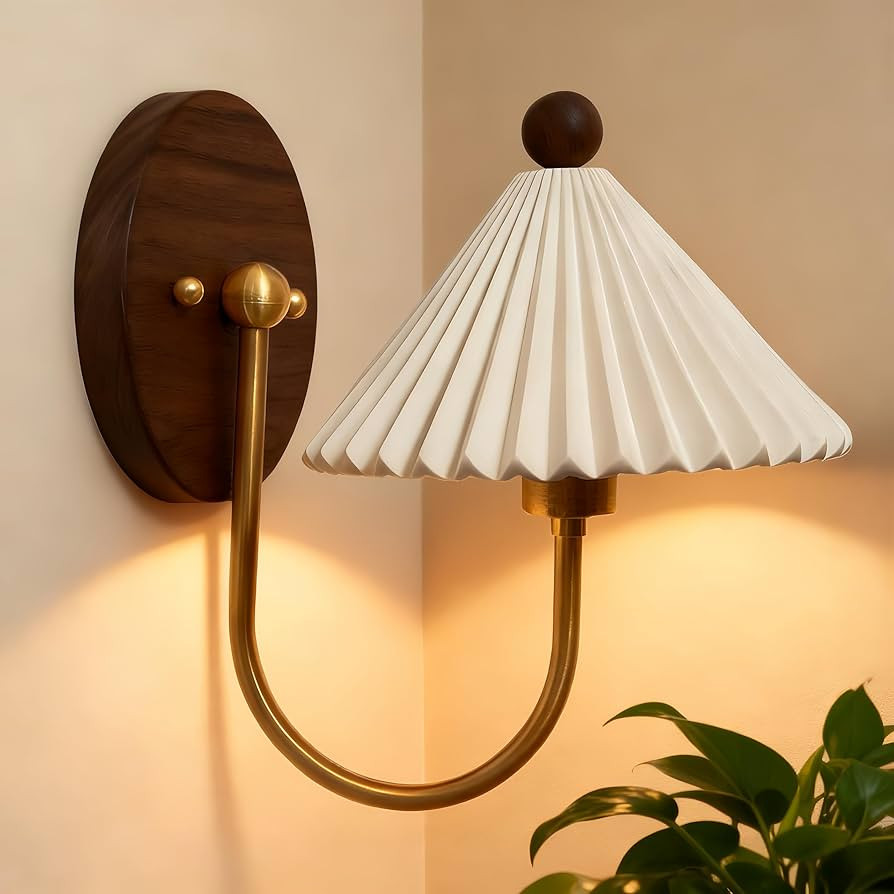 Vintage Pleated White Ceramic Wall Sconce, Retro Walnut Wood Vanity Light with Aged Brass Finish,... | Amazon (US)