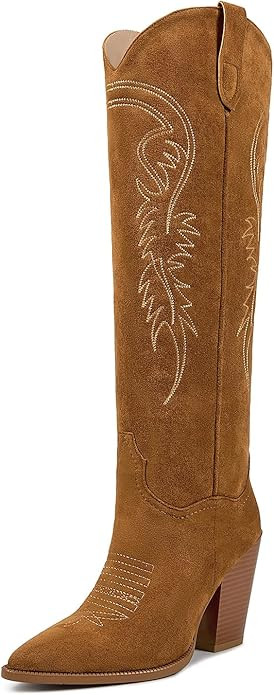 ISNOM Women's Cowgirl Boots Pull On Knee High Boots, Cowboy Western Embroidered Chunky Block Heel... | Amazon (US)