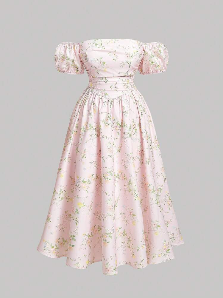 SHEIN MOD Plus Size Women Ditsy Floral Open Shoulder Lantern Sleeve Mid-Calf Dress, Spring | SHEIN