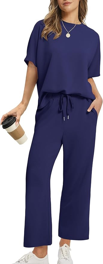SAMPEEL Two Piece Sets for Women Summer Outfits Oversized Wide Leg Crop Pants Lounge Sets Airport... | Amazon (US)