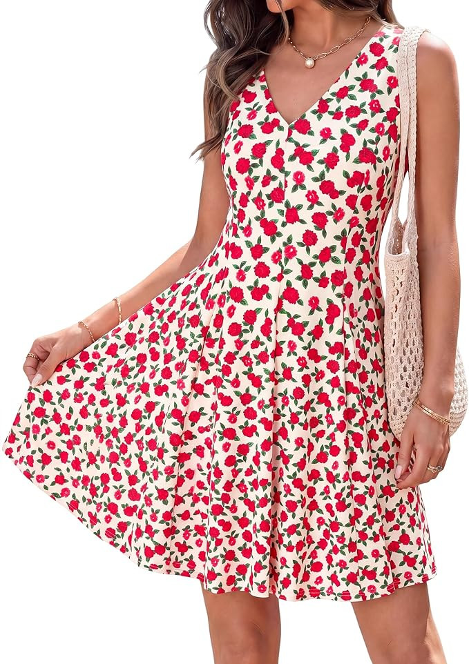 BTFBM Womens Summer Dresses 2026 Spring Casual Sleeveless Floral Knit Flowy A-Line Mini Dress Poc... | Amazon (US)