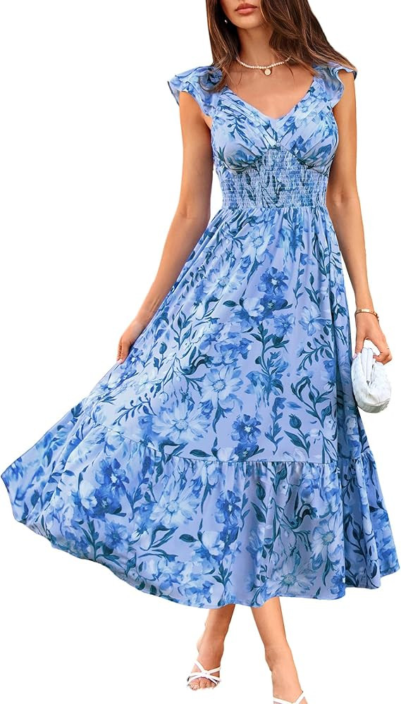 GRACE KARIN Women's Summer Floral Maxi Dress 2026 Ruffle Sleeve Smocked Sundress Flowy Wedding Gu... | Amazon (US)