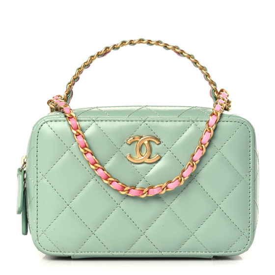 Lambskin Quilted Top Handle Small Vanity Case Light Green | FASHIONPHILE (US)