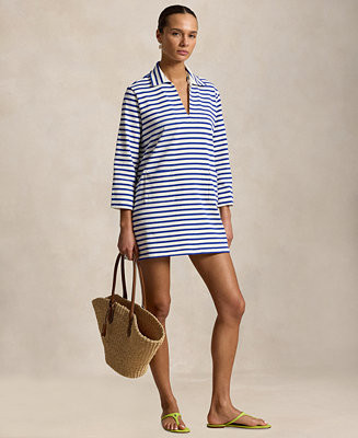 Women's Striped Cotton Jersey V-Notch Collar Dress | Macy's