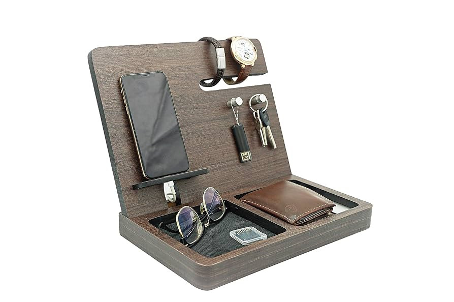 Gift for men, Wooden Desk and Nightstand Organizer, Phone Docking Station, Key, Wallet Stand, Wat... | Amazon (US)