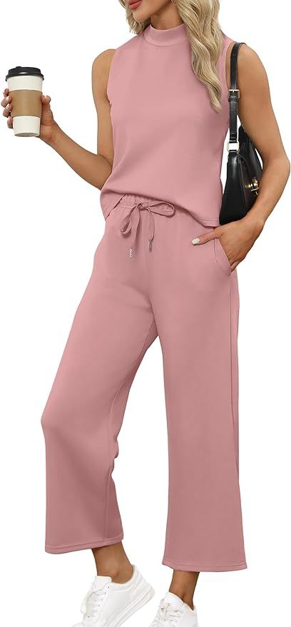 SAMPEEL Two Piece Sets for Women Summer Outfits Lounge Sets Mock Neck Tops Wide Leg Crop Pants Va... | Amazon (US)