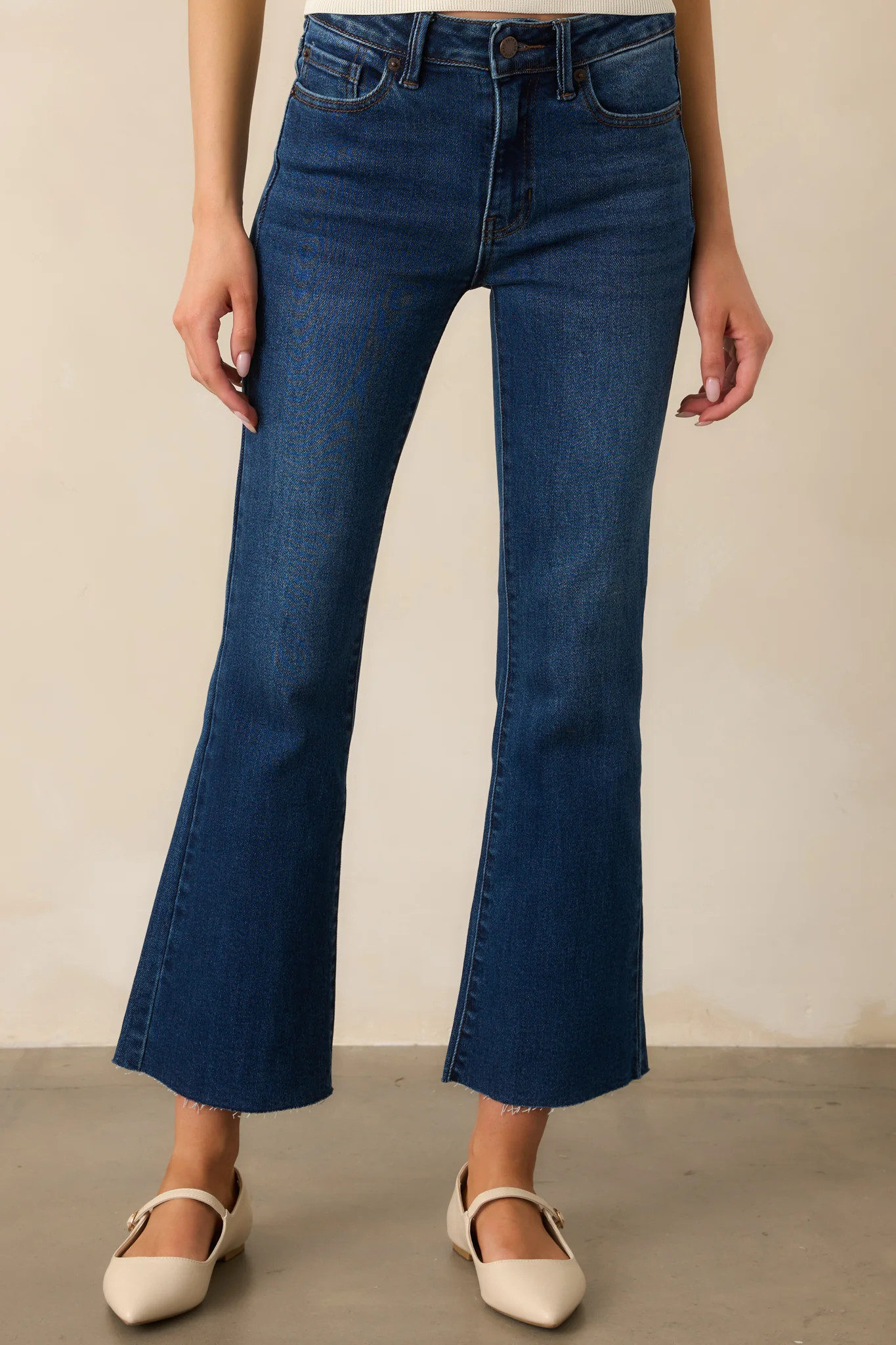 Back And Forth Dark Wash Mid Rise Cropped Flare Jeans | Red Dress