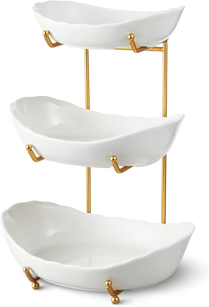 Ceramic Fruit Bowl for Kitchen Counter - 3 Tier Fruit Basket with Metal Stand, Tiered Fruit Stand... | Amazon (US)