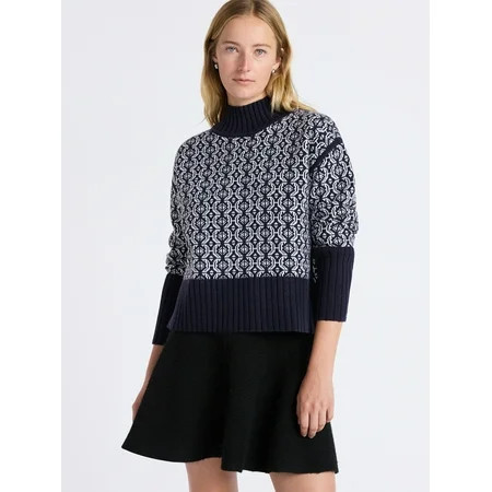 Free Assembly Women's Patterned Mock Neck Sweater with Tall Cuffs, Midweight, Sizes XS-XXL | Walmart (US)