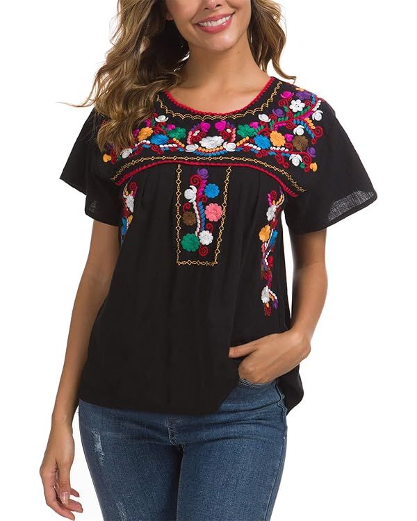 YZXDORWJ Women's Embroidered Mexican Peasant Blouse Mexico Summer Shirt Short Sleeve | Amazon (US)