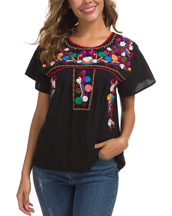 YZXDORWJ Women's Embroidered Mexican Peasant Blouse Mexico Summer Shirt Short Sleeve | Amazon (US)