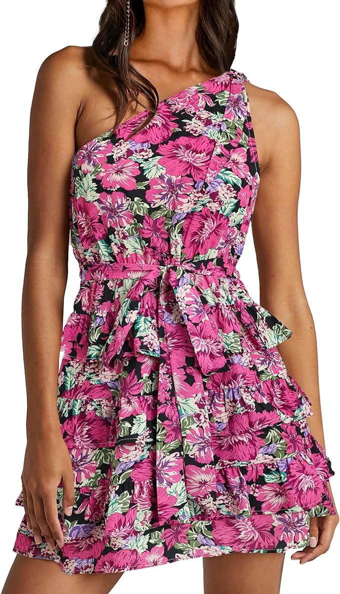 BTFBM 2024 Women One Shoulder Casual Summer Dresses Floral Boho High Waist Beach Ruffle Tiered A ... | Amazon (US)