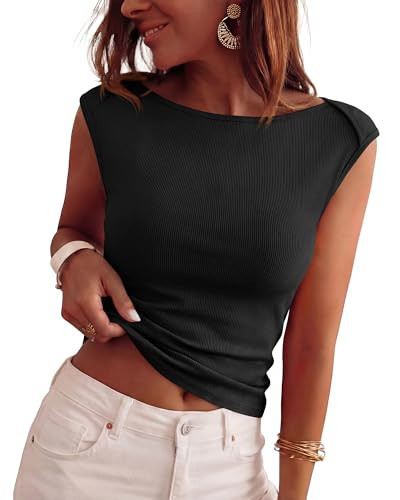 BTFBM Women's Ribbed Tank Tops 2026 Summer Cap Sleeve Boat Neck Slim Fitted Knit Basic Casual Tee Shirts Fashion Clothes(Black, Small) | Amazon (US)