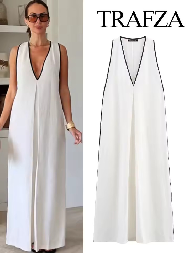 TRAFZA Women's Vacation New Solid V-neck Flax Blending Midi Dress Summer Female Elegant Sexy Slee... | AliExpress (US)