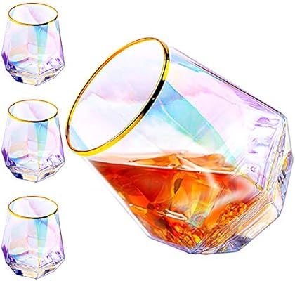 Diamond Whiskey Glasses, Set of 4 Rocks Rainbow Glasses Gold Banded Cocktail Drinkware for Rum, S... | Amazon (US)