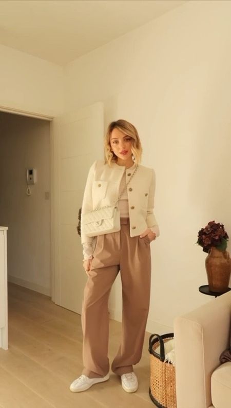 White long sleeve t-shirt, white lace bra, brown pleated trousers, tweed cropped jacket, leather white trainers, chain crossbody bag

#LTKSeasonal #LTKeurope #LTKstyletip