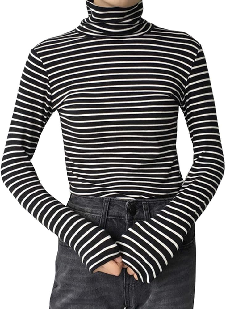 Womens Slim Fit Striped Shirts Turtle Neck Blouses | Amazon (US)