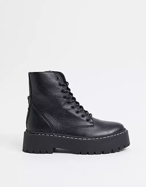 Steve Madden Skylar chunky lace up ankle boot in black leather | ASOS (Global)
