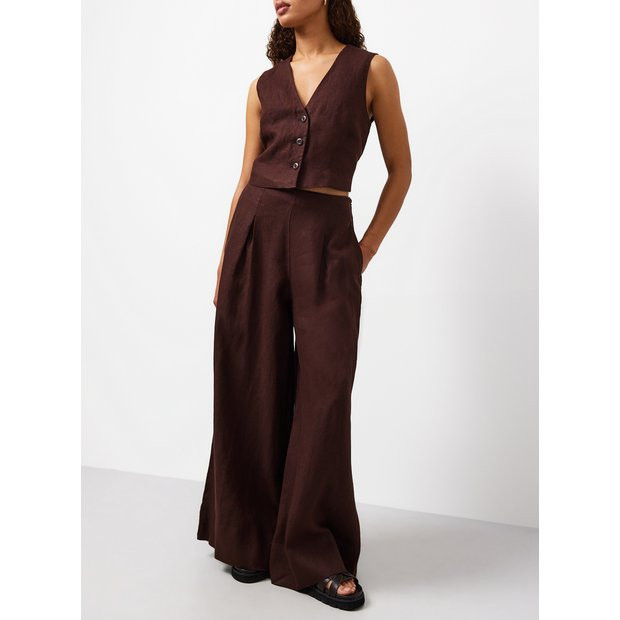 Brown Pure Linen Palazzo Trousers 18R | Tu Clothing