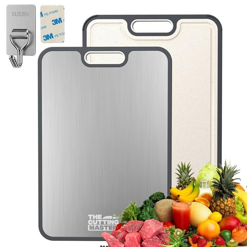 THE CUTTING MASTER Titanium Cutting Board for Kitchen - 15x10.4 Inch Double Sided Chopping Board Premium Titanium & Non Slip PP with Wall Holder Juice Groove & Garlic Grater for Meat, Vegetables Fruit | Amazon (US)