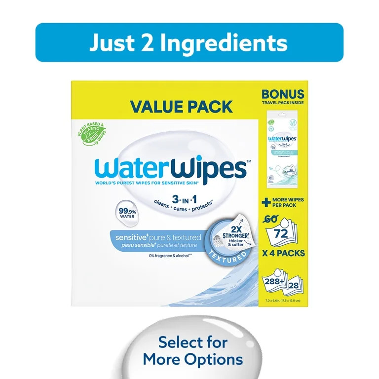 WaterWipes Sensitive Pure & Textured Wipes, 99.9% Water, Unscented & Hypoallergenic, 288 Count + ... | Walmart (US)
