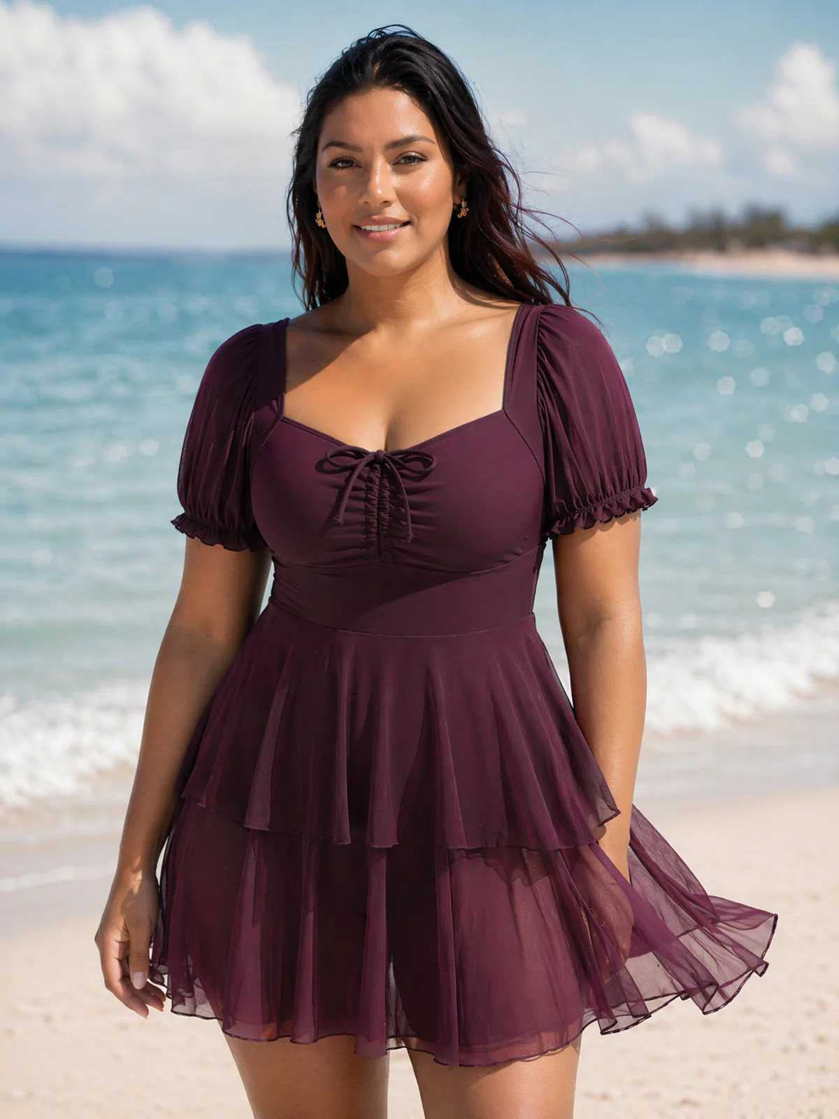 Sheer Ruched Bodice Tiered Swim Dress | Bloomchic
