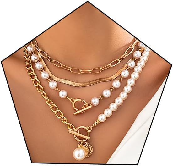 Layered Necklace Multilaye Chunky Plated layered Pearl Paperclip Chain Necklace Adjustable Layeri... | Amazon (US)
