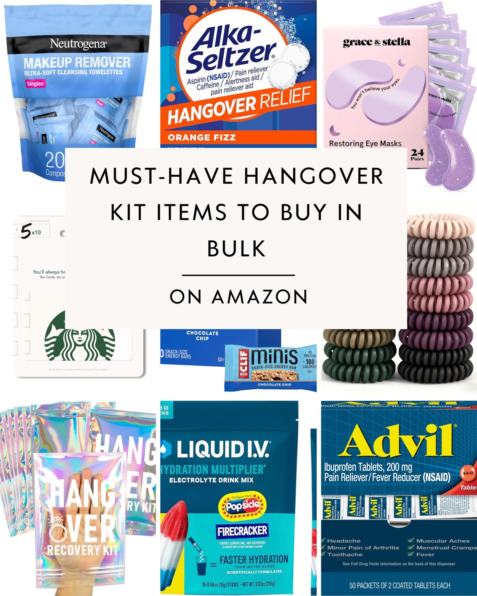 If you’re planning a bachelorette trip or putting together wedding day gifts for your bridesmaids, a little hangover/emergency kit is always a good idea. 🤍

Think:
• hair ties
• pain relievers
• makeup wipes
• eye patches
• hydration helpers
• and a $5 coffee card for the morning after ☕️

It’s such a cute (and actually useful) thing to include in welcome bags or bridesmaid gifts. I rounded up my favorite affordable items to buy in bulk on Amazon and linked everything! 

#LTKFestival #LTKWedding #LTKselfcare