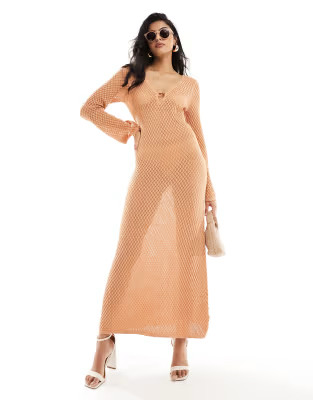 Pretty Lavish crochet knit midaxi dress in apricot | ASOS | ASOS (Global)
