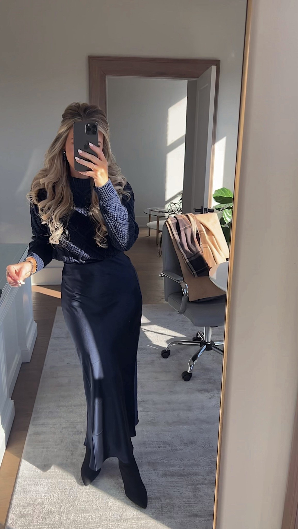 Never been so happy with a maxi skirt before! I love how elevated and chic this office outfit turned out! The navy and black makes it more elevated…I think! Ha. Super cute for holiday parties too! 
Wearing XS! 

Maxi skirt, satin skirt, navy outfit, winter outfit, holiday outfit, office outfit 

#LTKHoliday #LTKWorkwear #LTKootd