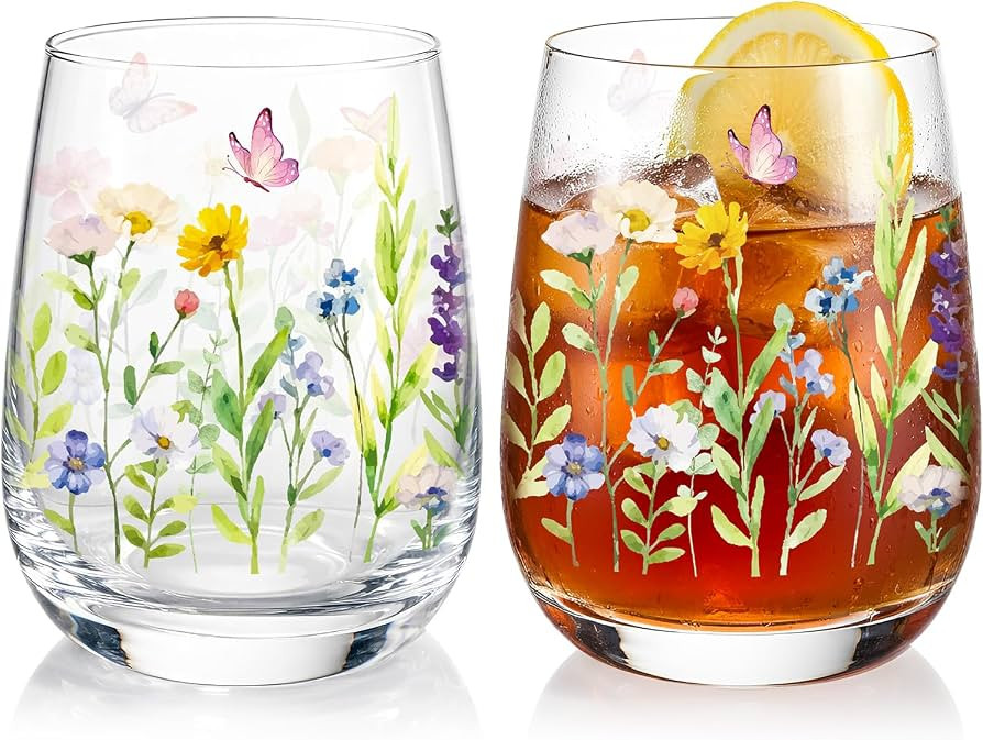 Ovveroche 2 Pcs Spring Stemless Wine Glasses 17oz Floral Butterfly Drinking Glasses for Graduation Wedding Mother's Day Birthday Drinking Party Favors Gifts | Amazon (US)
